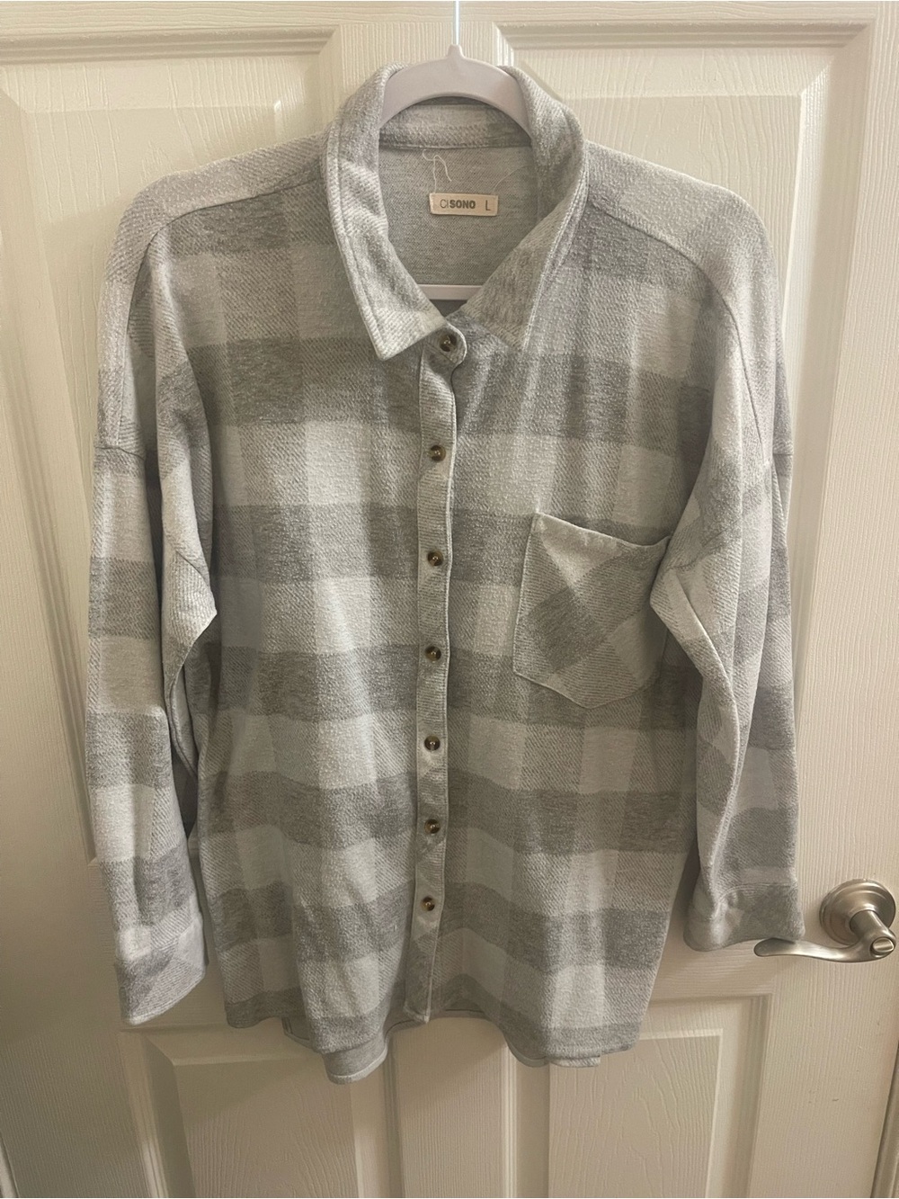 Cozy Plaid Button-Front Sweater - Light Gray